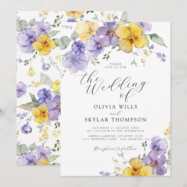 Invitación Boda de flor de verano de lavanda morada amarilla (Anverso / Reverso)