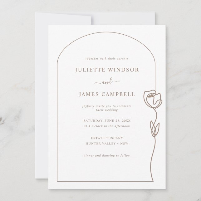 Invitación Boda de flor del Rosa de dibujo de línea (Anverso)