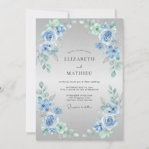 Invitación Boda de Flor Delicada Azul Polvoriento