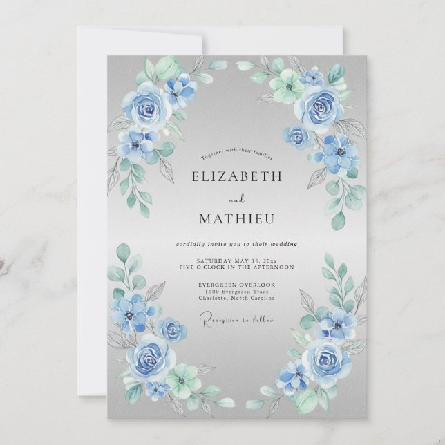 Invitación Boda de Flor Delicada Azul Polvoriento (Anverso)