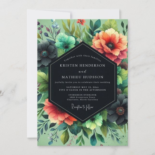 Invitación Boda de Flor Dramática Coral Teal (Anverso)
