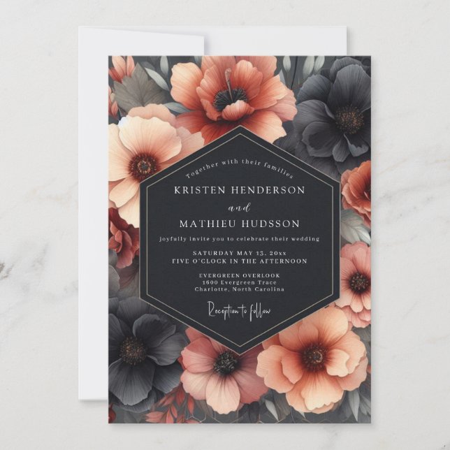 Invitación Boda de Flor Dramática de Carbón y Terracota (Anverso)