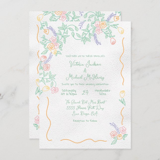 Invitación Boda de Flor Dulce Salvaje dibujado a mano (Anverso / Reverso)