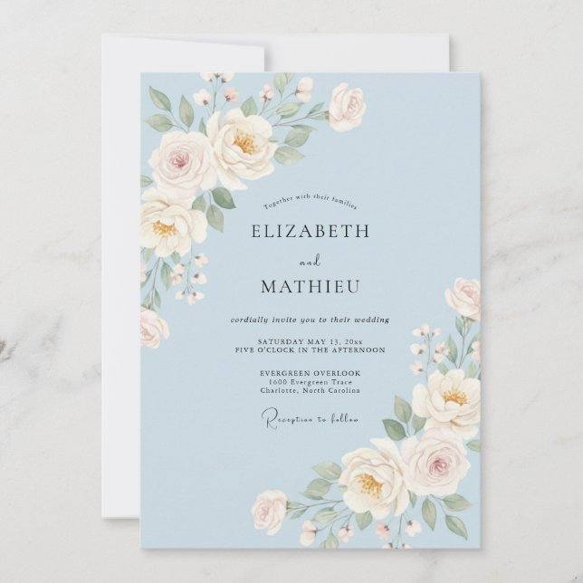 Invitación Boda de Flor Elegante Azul Polvo (Anverso)
