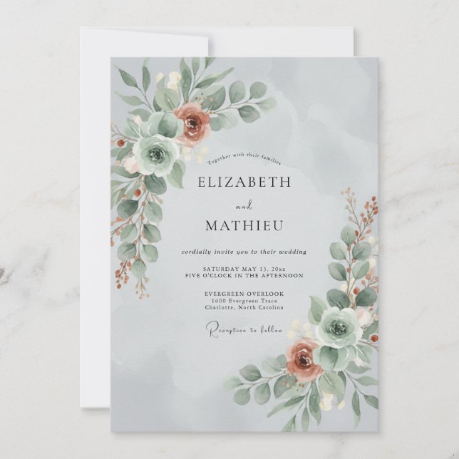Invitación Boda de Flor Encantadora Verde Salvia (Anverso)