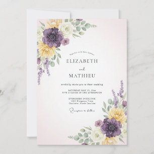 Invitación Boda de Flor Etérea Amarilla Púrpura