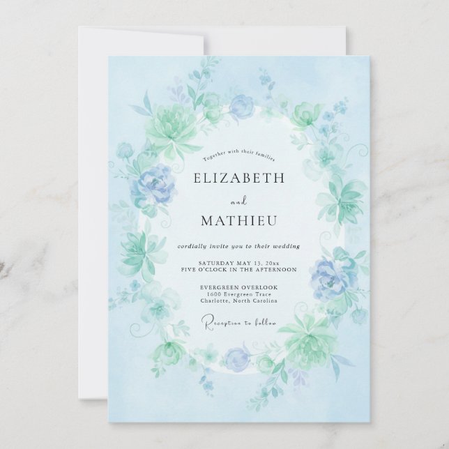 Invitación Boda de Flor Etérea Azul Claro (Anverso)