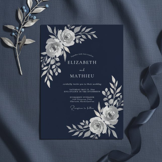 Invitación Boda de Flor Etérea Azul Marino (Subido por el creador)