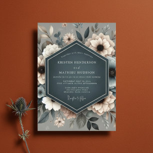 Invitación Boda de Flor Etérea Azul Pizarra