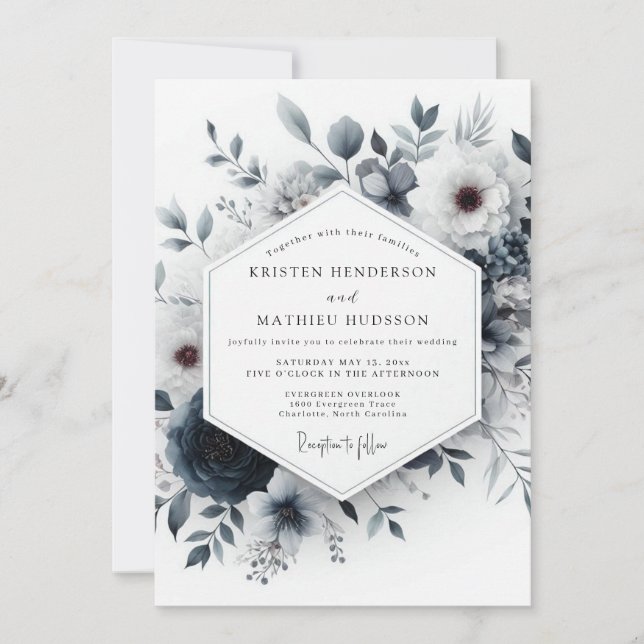 Invitación Boda de Flor Etérea Azul Pizarra (Anverso)