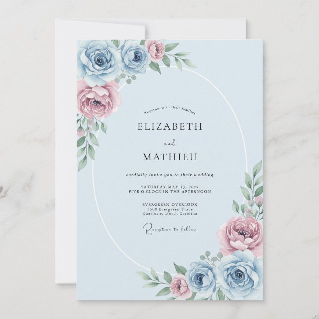 Invitación Boda de Flor Etérea Azul Polvo (Anverso)
