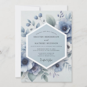 Invitación Boda de Flor Etérea Azul Polvoriento
