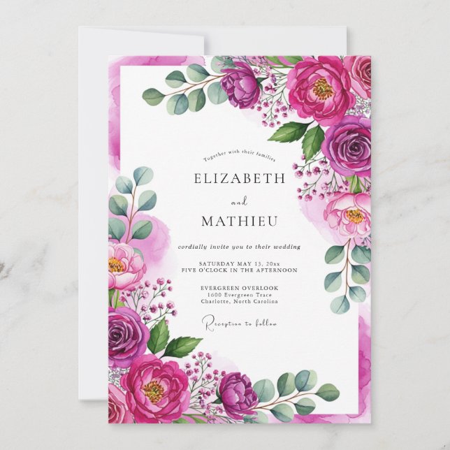Invitación Boda de Flor Etérea Magenta (Anverso)