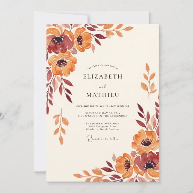 Invitación Boda de Flor Etérea Naranja (Anverso)