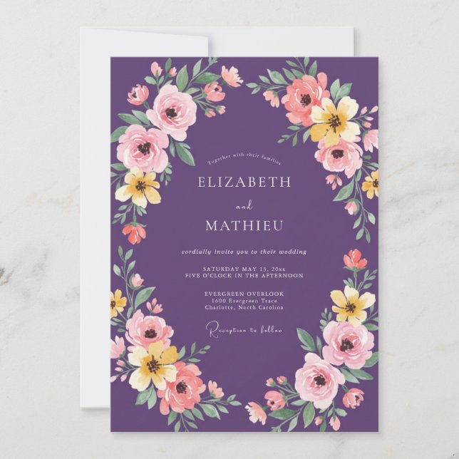 Invitación Boda de Flor Etérea Púrpura (Anverso)