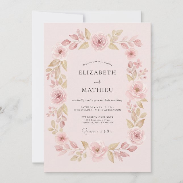 Invitación Boda de Flor Etérea Rosa Pálido (Anverso)