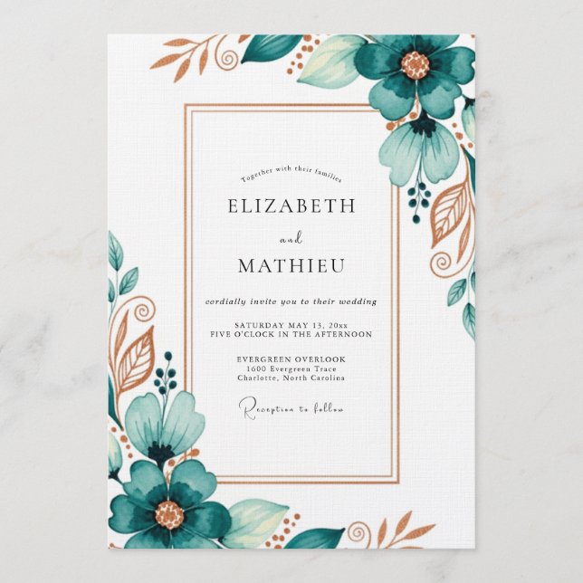 Invitación Boda de Flor Etérea Teal (Anverso)