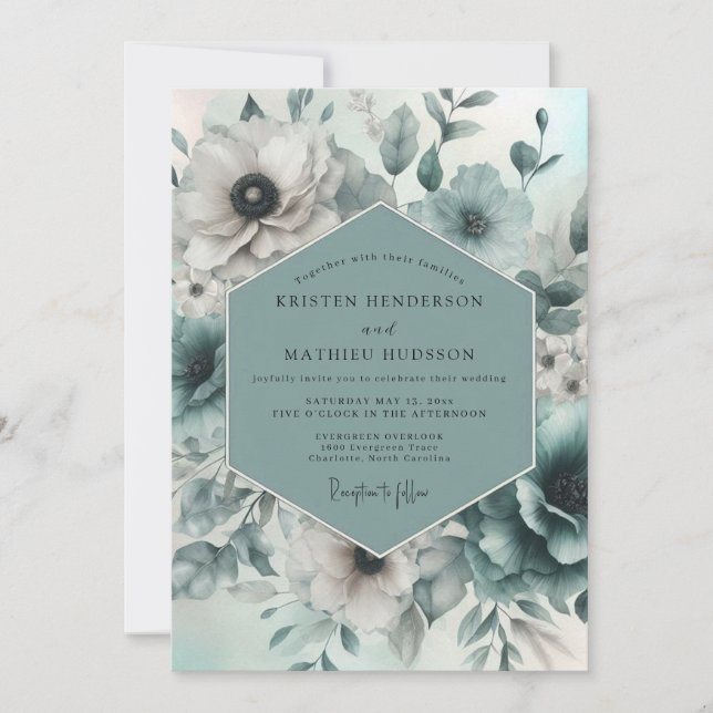 Invitación Boda de Flor Etérea Teal (Anverso)
