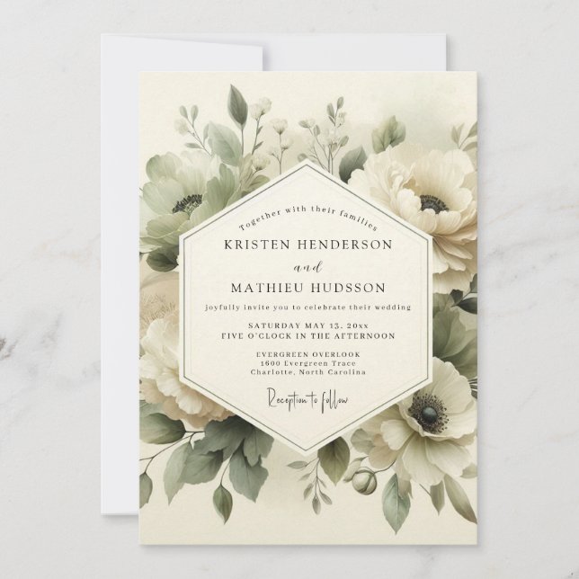 Invitación Boda de Flor Eterna Verde Salvia (Anverso)