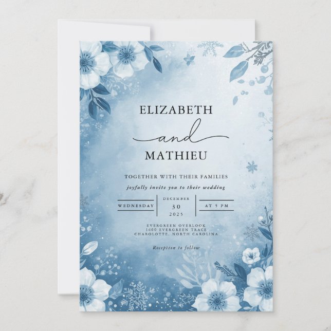Invitación Boda de flor floral azul escarpado (Anverso)