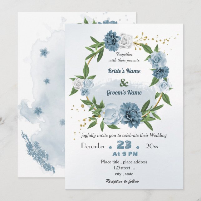 Invitación boda de flor floral azul romántico (Anverso / Reverso)