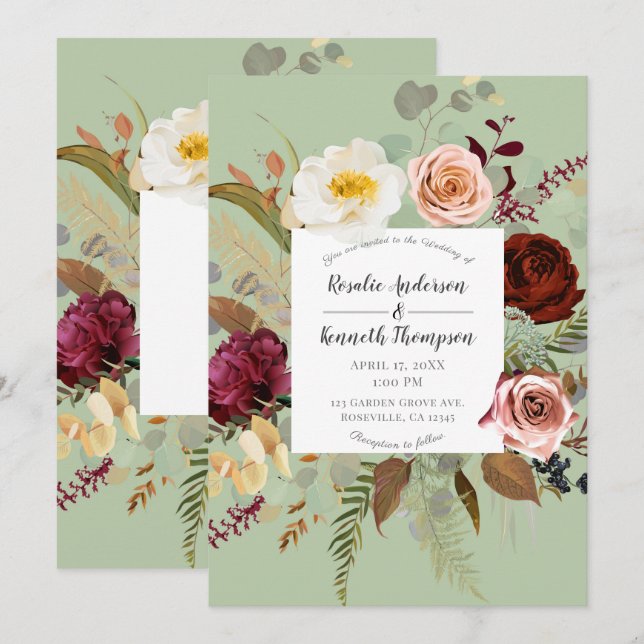 Invitación Boda de flor floral de campo verde ruso (Anverso / Reverso)