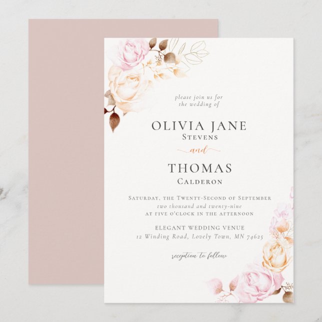 Invitación Boda de flor floral de crema clásica moderna (Anverso / Reverso)
