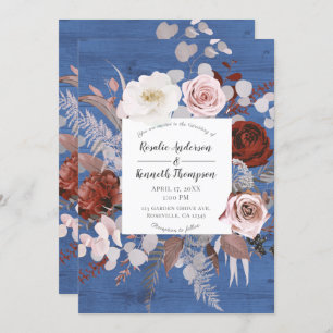 Invitación Boda de flor floral de madera azul de campo rústic