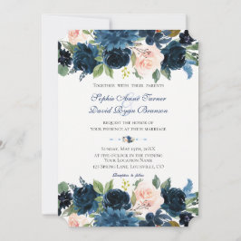 Invitación Boda de flor floral de Rubor azul de la Marina Cha