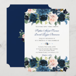 Invitación Boda de flor floral de Rubor azul de la Marina Cha