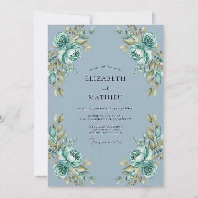 Invitación Boda de Flor Gentil Azul Polvoriento (Anverso)