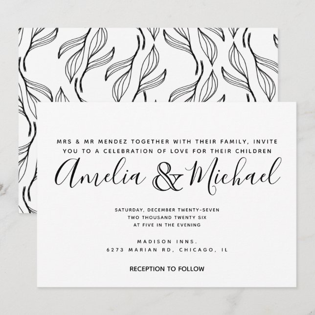 Invitación Boda de Flor Greenery Dibujada a Mano Hoja Blanca (Anverso / Reverso)