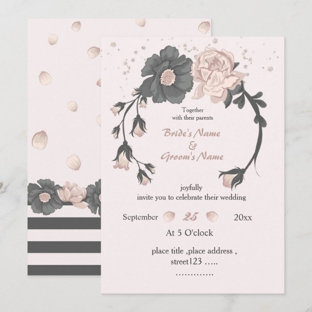 Invitación boda de flor gris oscuro y polvoriento rosa (Anverso / Reverso)