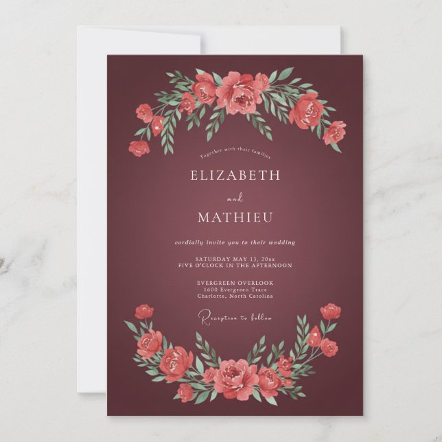 Invitación Boda de Flor Intemporal Granate (Anverso)