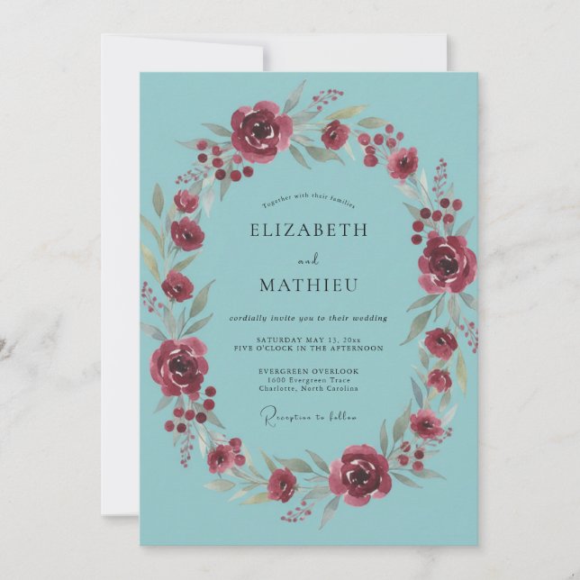 Invitación Boda de Flor Laurel Borgoña (Anverso)