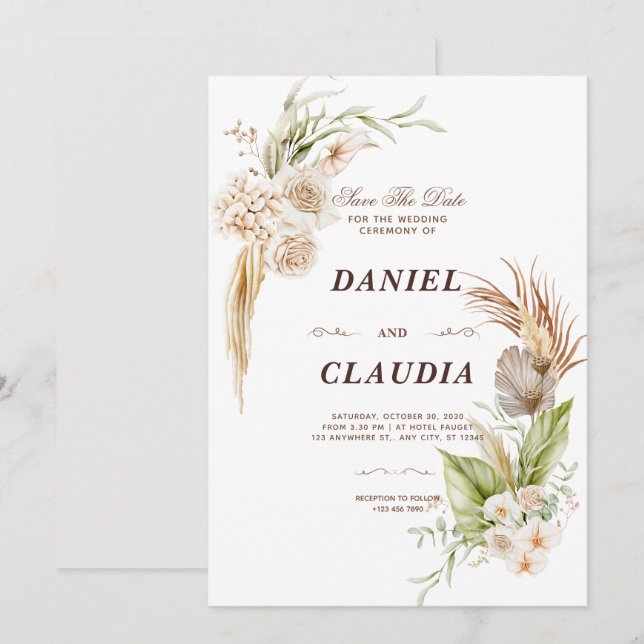 Invitación Boda De Flor Marrón Y Crema (Anverso / Reverso)