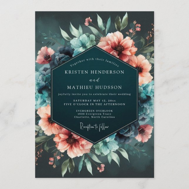 Invitación Boda de Flor Nocturna Coral Teal (Anverso)