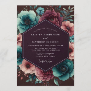 Invitación Boda de Flor Nocturna de Ciruela y Verde Teal