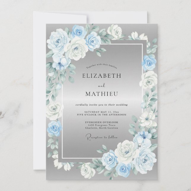 Invitación Boda de Flor Opulenta Azul Pizarra (Anverso)