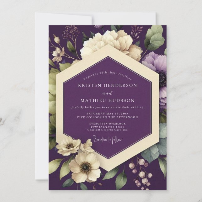 Invitación Boda de Flor Opulenta Ciruela (Anverso)