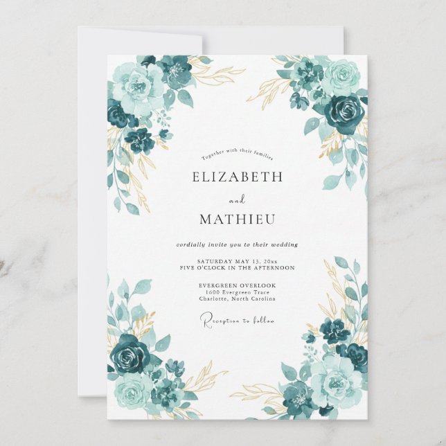 Invitación Boda de Flor Opulenta Teal (Anverso)
