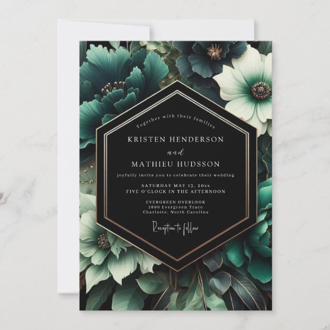 Invitación Boda de Flor Opulenta Verde Azul (Anverso)