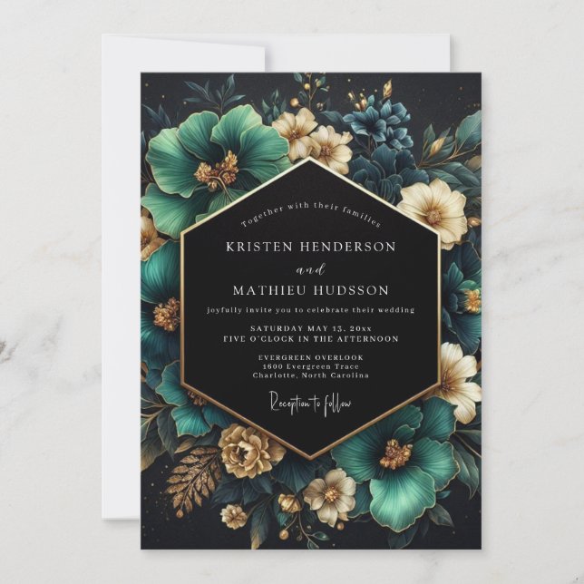 Invitación Boda de Flor Opulenta Verde Azul (Anverso)