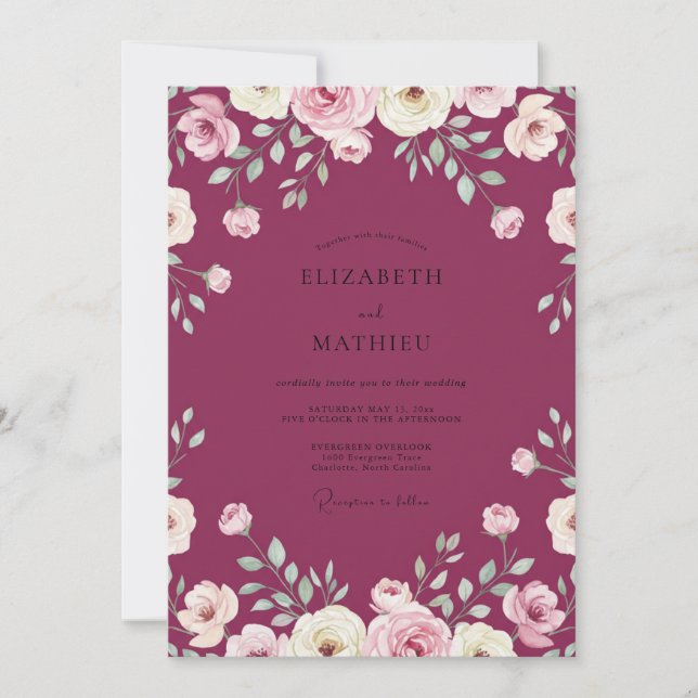 Invitación Boda de Flor Pintada de Magenta (Anverso)
