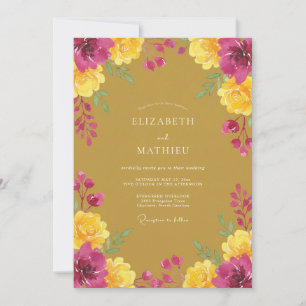 Invitación Boda de Flor Pintada de Mostaza Magenta