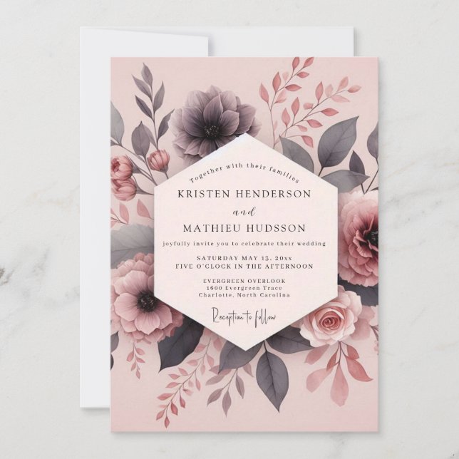 Invitación Boda de Flor Polvorienta Malva Brumosa (Anverso)