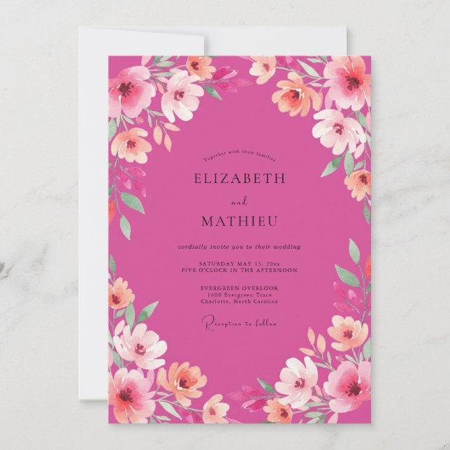 Invitación Boda de Flor Radiante Fucsia (Anverso)