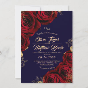 Invitación Boda de Flor Real Azul y Roja ⎮ Borgoña Rosa