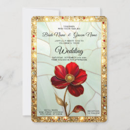Invitación Boda de Flor Roja de Vidrio Emplomado con Acentos