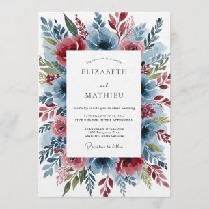 Invitación Boda de Flor Romántica Azul Polvoriento
